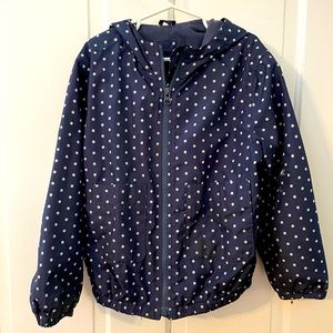 GAP Girls Small lightweight hooded jacket. Navy blue with white polka dots.